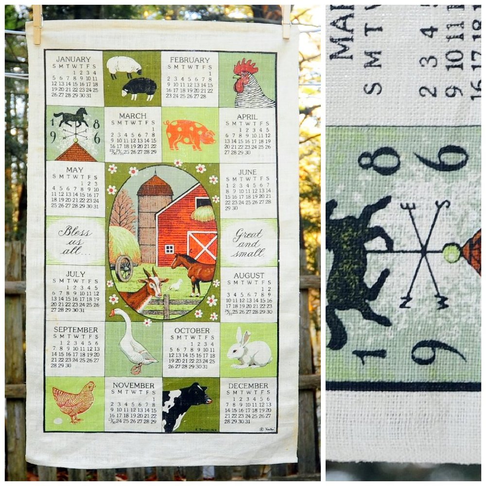 VTG 1986 Barnyard Animals Calendar Towel 'Bless Us All' Horse Cow Rabbit Sheep